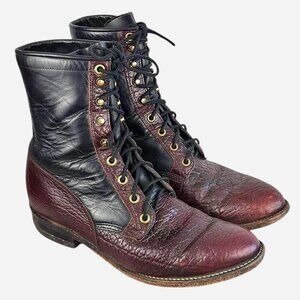 Justin Vintage Two Tone Lace-Up Cowboy Boots Black Burgundy Pebbled Leather l 8D